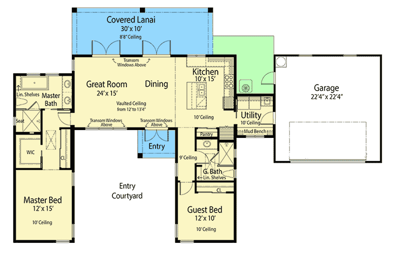 Plan 33209ZRX: 2-Bed Contemporary House Plan with Split Bed Layout - Floor Plan - Main Level - Contemporary, Florida-Style, Ranch