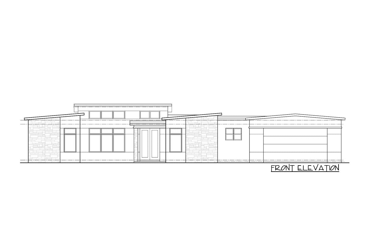 Front elevation drawing of a one-story house plan with asymmetrical rooflines, stone accents, large windows, and a two-car garage.
