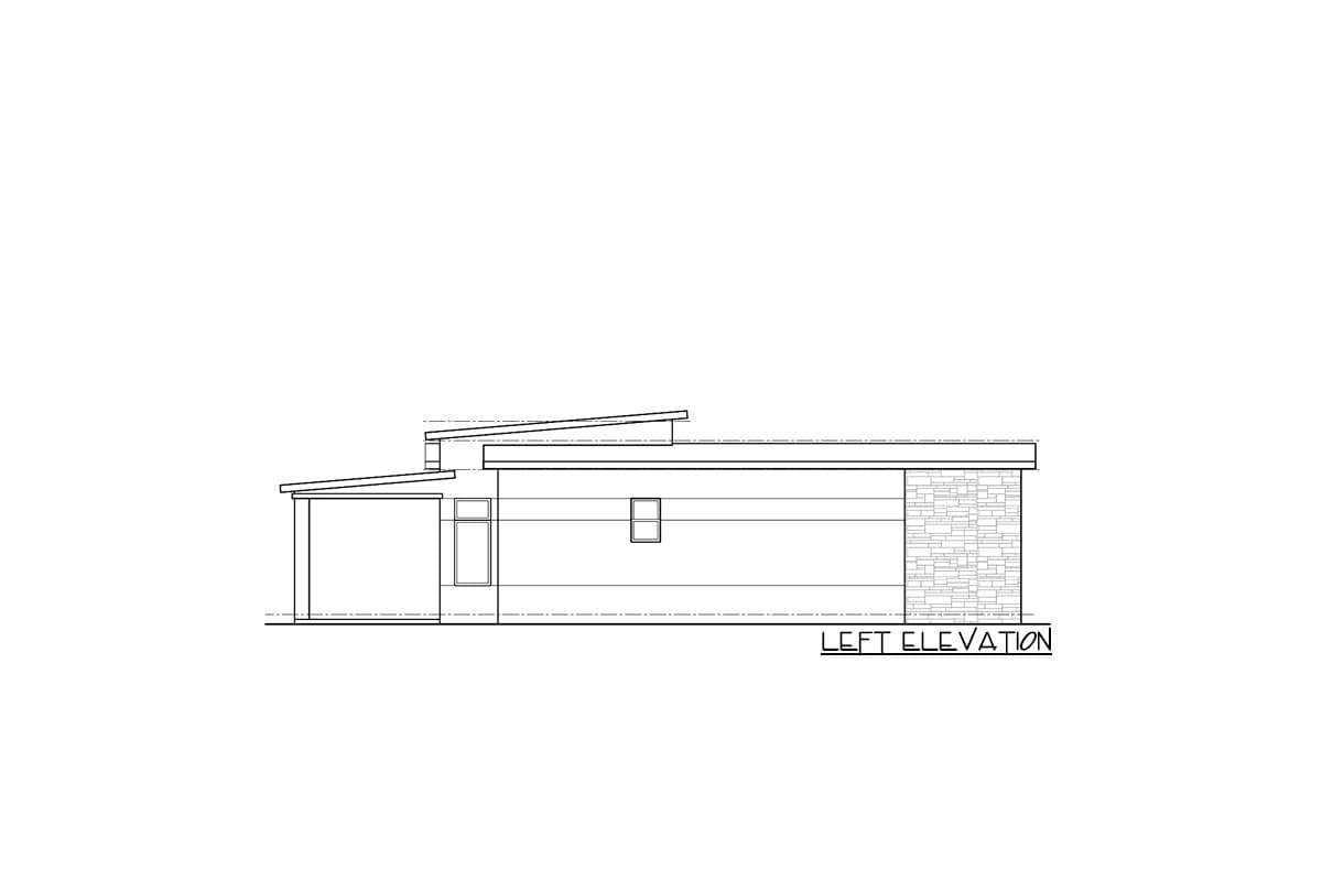 Left elevation drawing of a single-story house with a flat roof, covered entry, and stone accent wall.