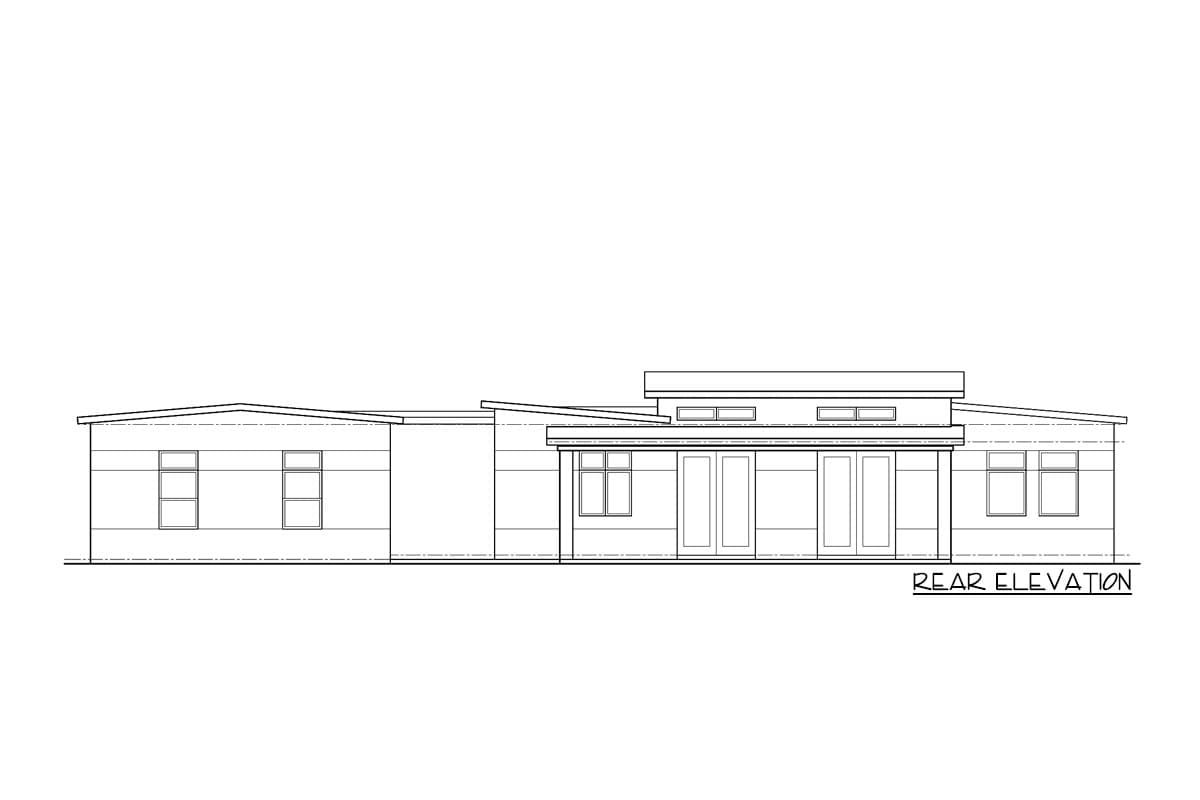 Rear elevation drawing of a single-story house with a flat roof, central glass doors, and rectangular windows.