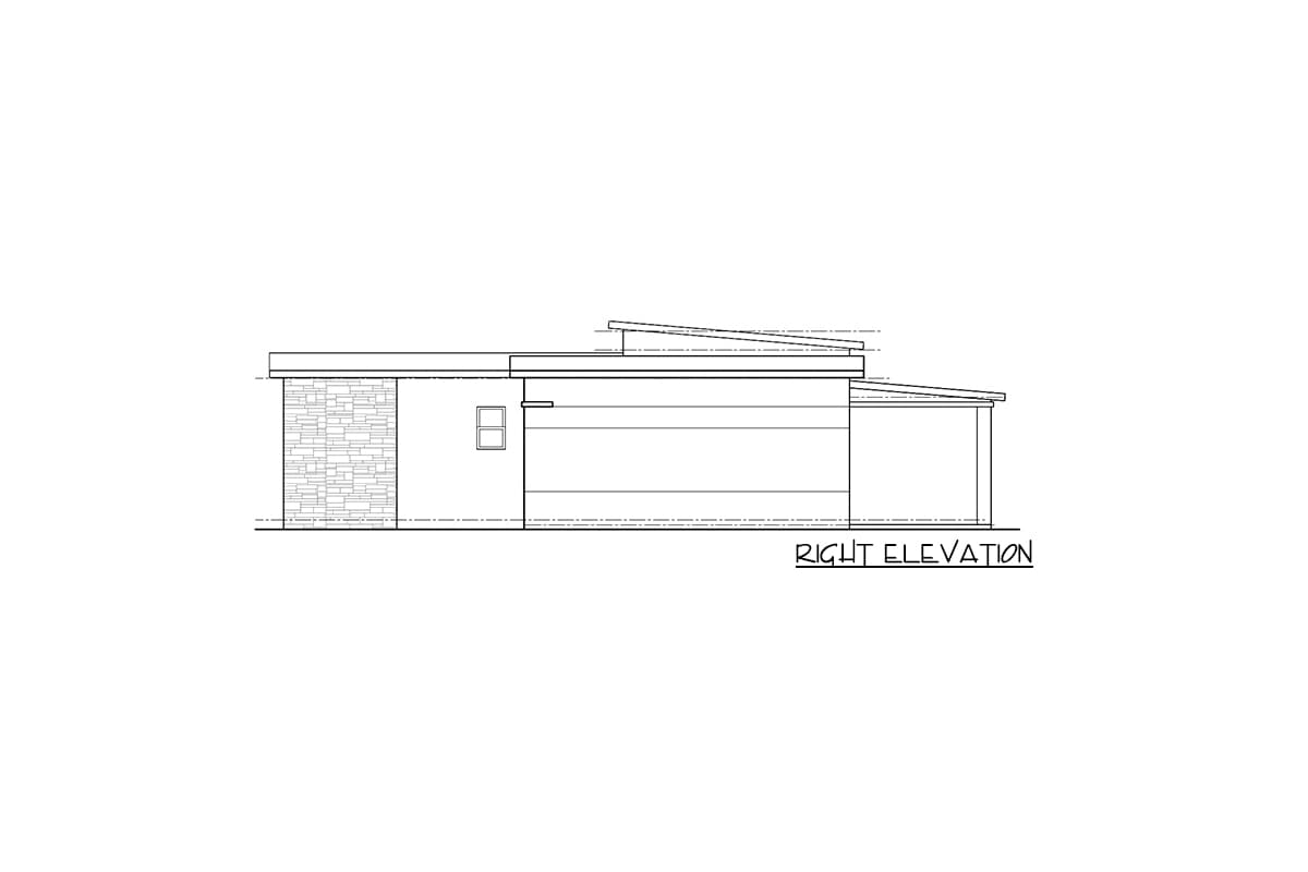 Right elevation drawing of a house plan with stacked stone accent, one window, and a low-slope roofline.