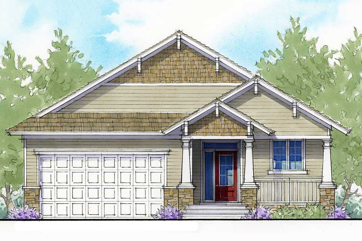 House plan exterior. Craftsman style, single story. Features include a front porch, gables, and a garage with a front-facing orientation.