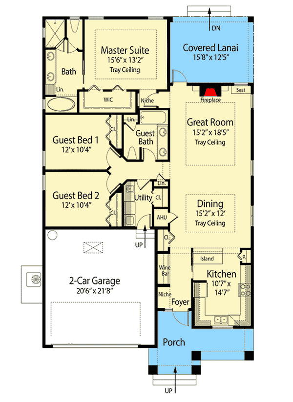 Plan 33210ZRX: Arts & Crafts Cottage House Plan with Rear Lanai - Floor Plan - Main Level - Cottage, Craftsman, Southern
