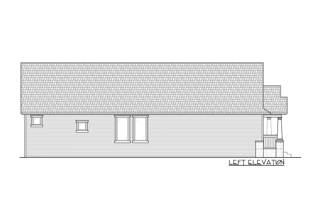 Left elevation drawing of a house plan with horizontal siding, hip roof, and a covered porch with stone accents.