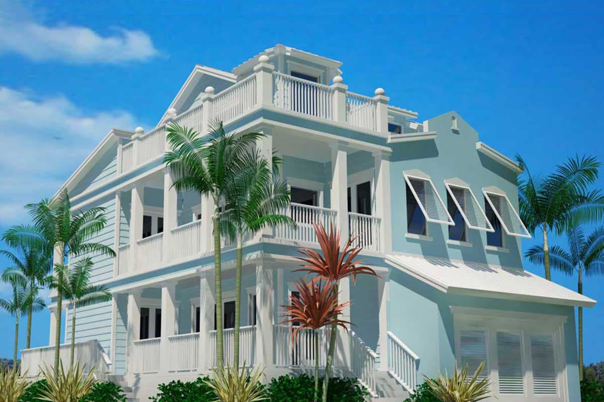 House plan exterior. Two-story home with a balcony, porch with columns, and dormer windows. Features a balustrade and gabled roof.