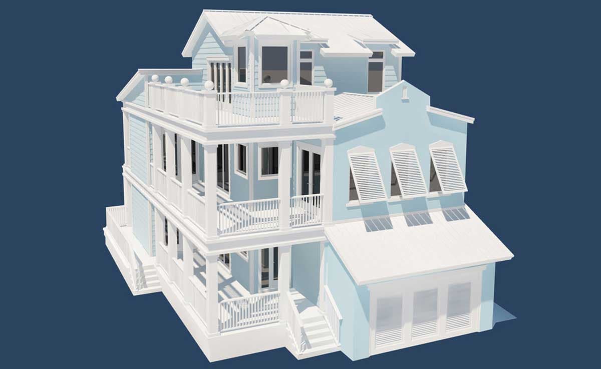 House plan exterior: Three-story coastal home with multiple balconies, gables, and a prominent bay window.