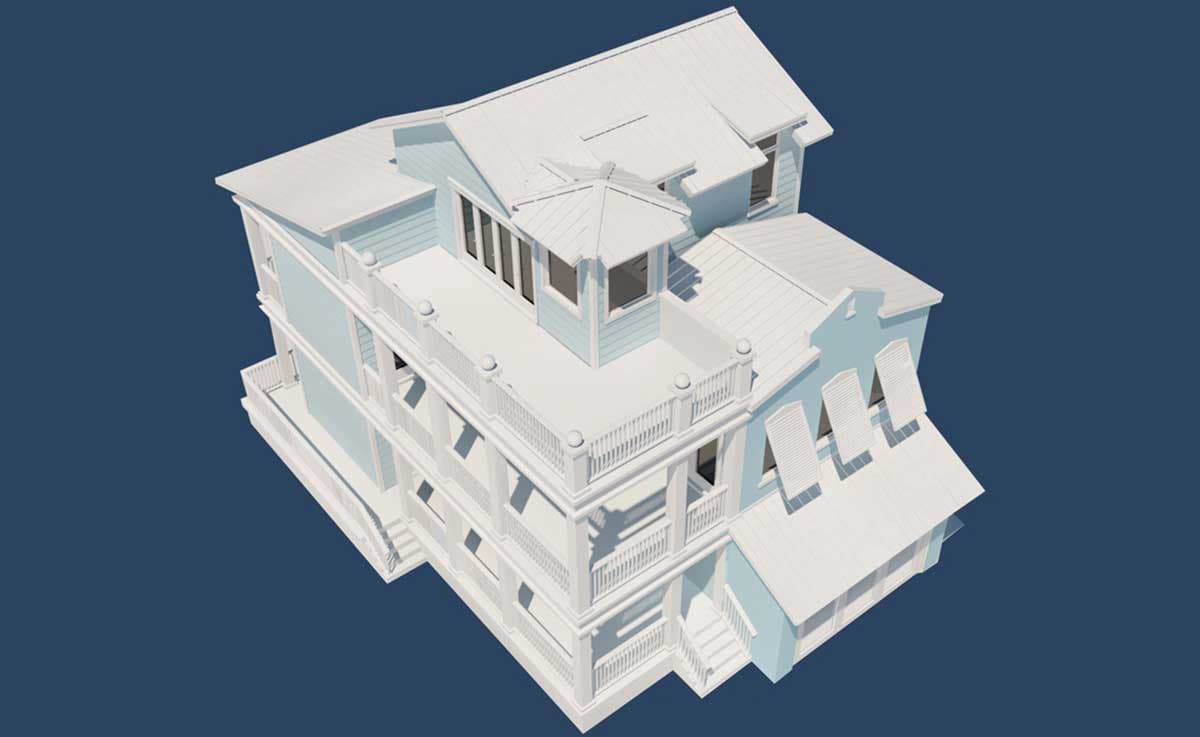 House plan exterior: A multi-story coastal-style house with balconies, gables, and a metal roof.