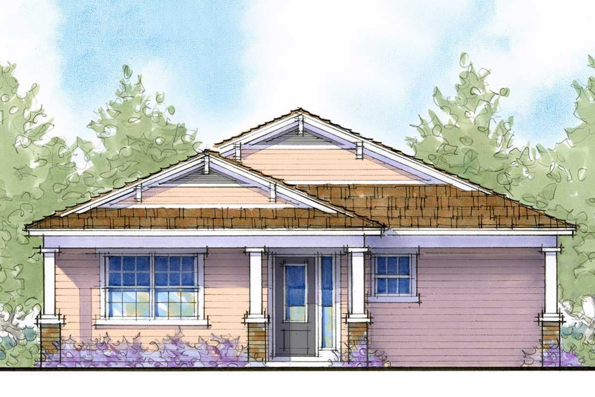 House plan exterior. Single-story Craftsman home with gabled roof, front porch with columns, and multiple windows. Brown roof shingles.