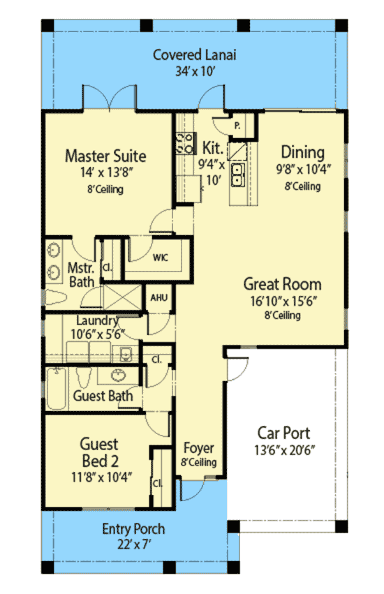 Plan 33212ZRX: 2-Bed Southern Classic House Plan - Floor Plan - Main Level - Cottage, Florida-Style, Southern