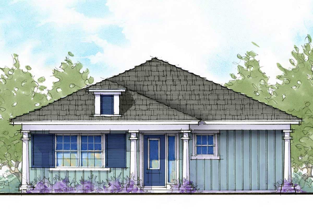 House plan exterior with gable roof, dormer, and porch supported by columns. The home is one story with a craftsman style.