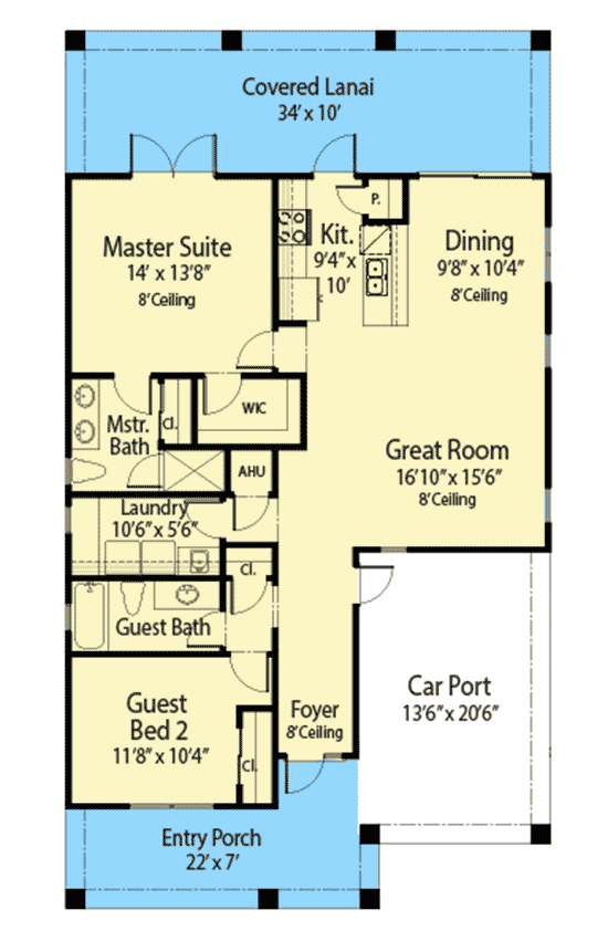 Plan 33213ZRX: 2-Bedroom House Plan with Carport - Floor Plan - Main Level - Cottage, French Country, Southern