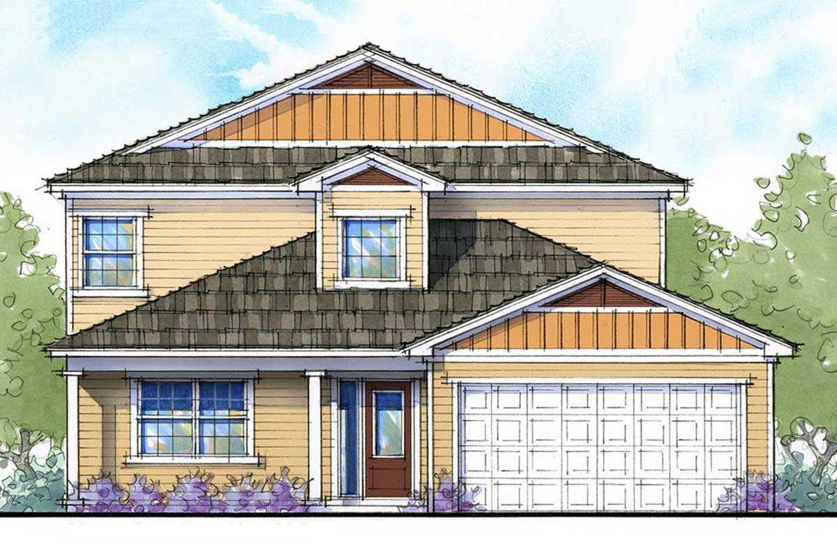 House plan exterior with two stories. Features include gables, dormers, and an attached garage. The roofline and siding detail are also visible.