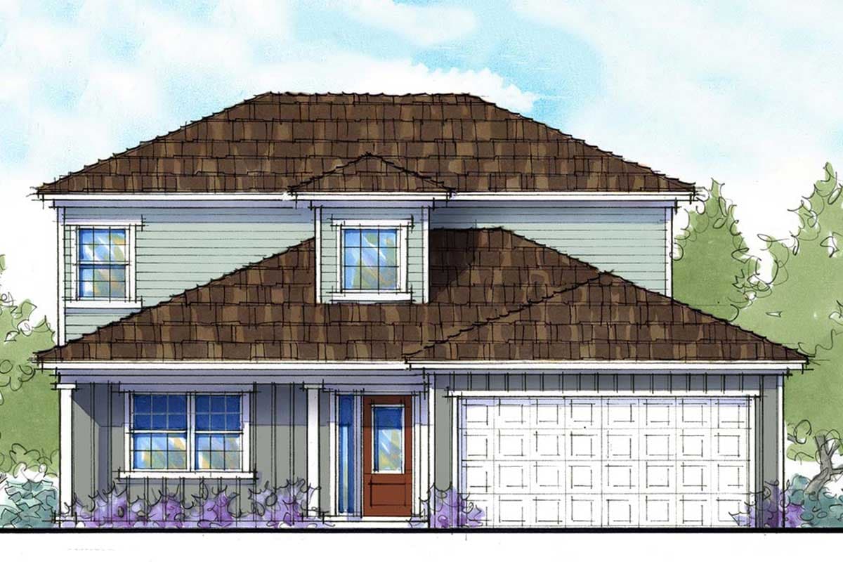 House plan exterior with two stories, gabled roof, dormer, and attached garage. Includes a front entry door with sidelight.