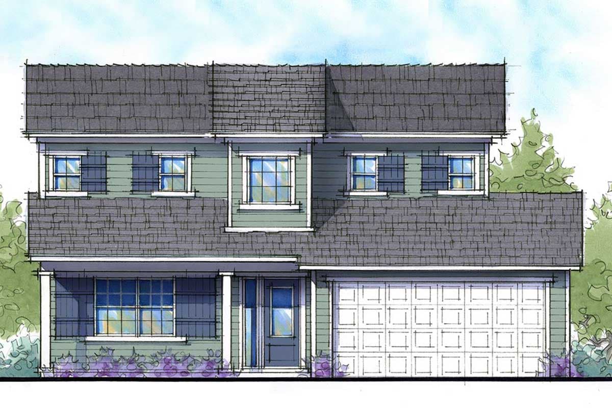 House plan exterior with two stories. Features include a front porch with columns, a two-car garage, and a gable roof.