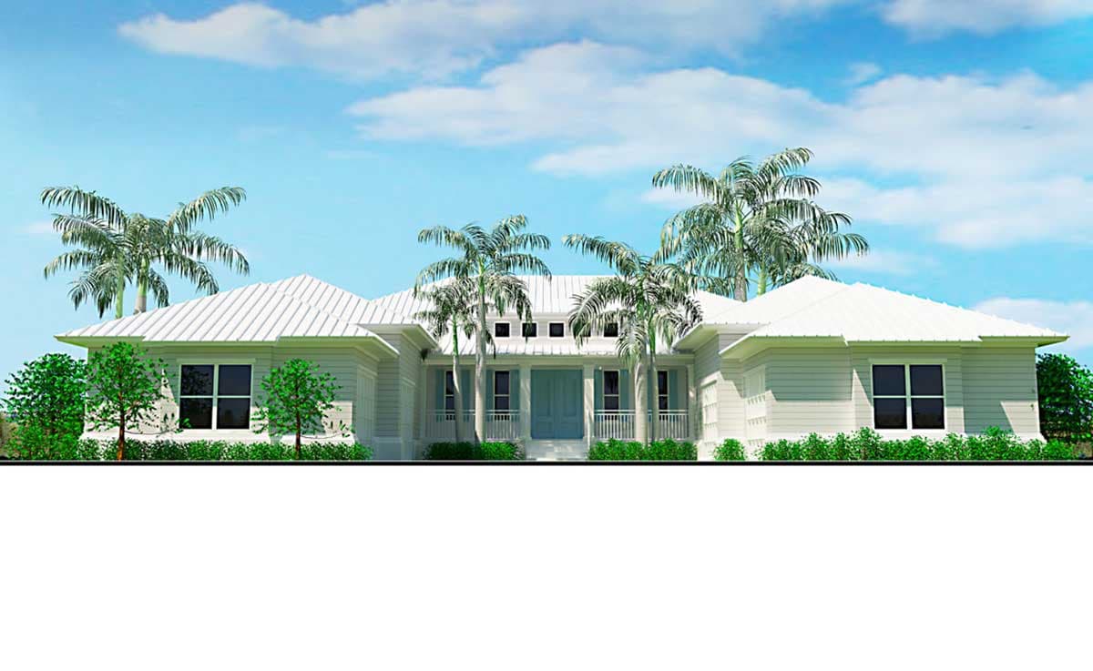 House plan exterior of a single-story Modern Farmhouse with a prominent covered entry, hip roofs, and multiple gables.