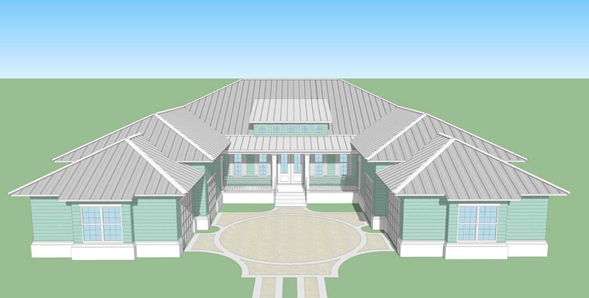 House plan exterior: One-story Modern Farmhouse with hip roof, central covered porch with columns, and flanking gable wings.