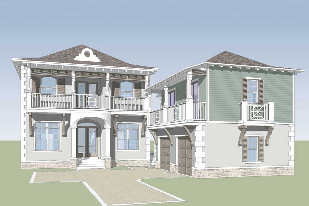 House plan exterior: two-story coastal home with balconies, arched entry, and attached two-car garage.
