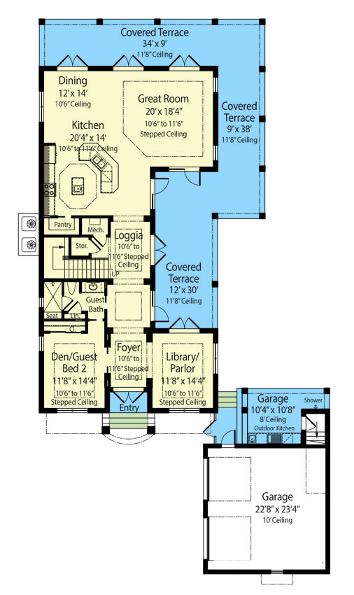 Plan 33219ZR: Coastal Contemporary House Plan with Cantilevered Balconies and Guest House - 4133 Sq Ft - Floor Plan - Main Level - Coastal, Coastal Contemporary, Contemporary, European, Southern, Transitional