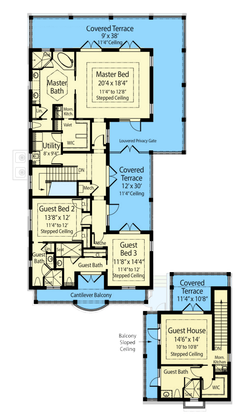 Plan 33219ZR: Coastal Contemporary House Plan with Cantilevered Balconies and Guest House - 4133 Sq Ft - Floor Plan - 2nd Floor - Coastal, Coastal Contemporary, Contemporary, European, Southern, Transitional