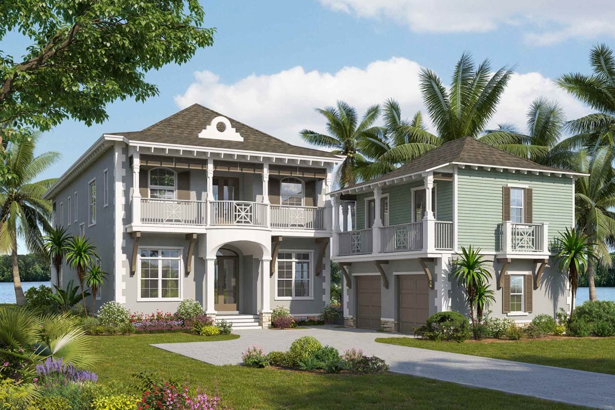 House plan exterior featuring a two-story design with a balcony, gable roof, and attached garage. Coastal architectural style.