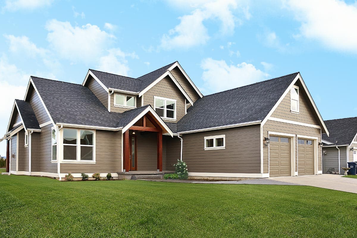 House plan exterior: Modern Farmhouse style, two stories, prominent gabled dormer, wood-accented entry, and attached three-car garage.