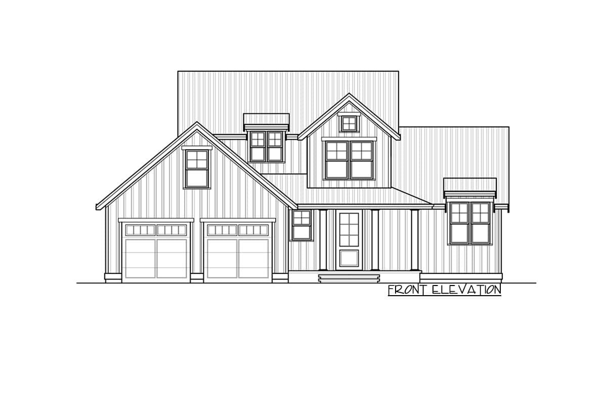 Front elevation drawing of a two-story house plan with a two-car garage, gabled dormers, and a covered front porch.