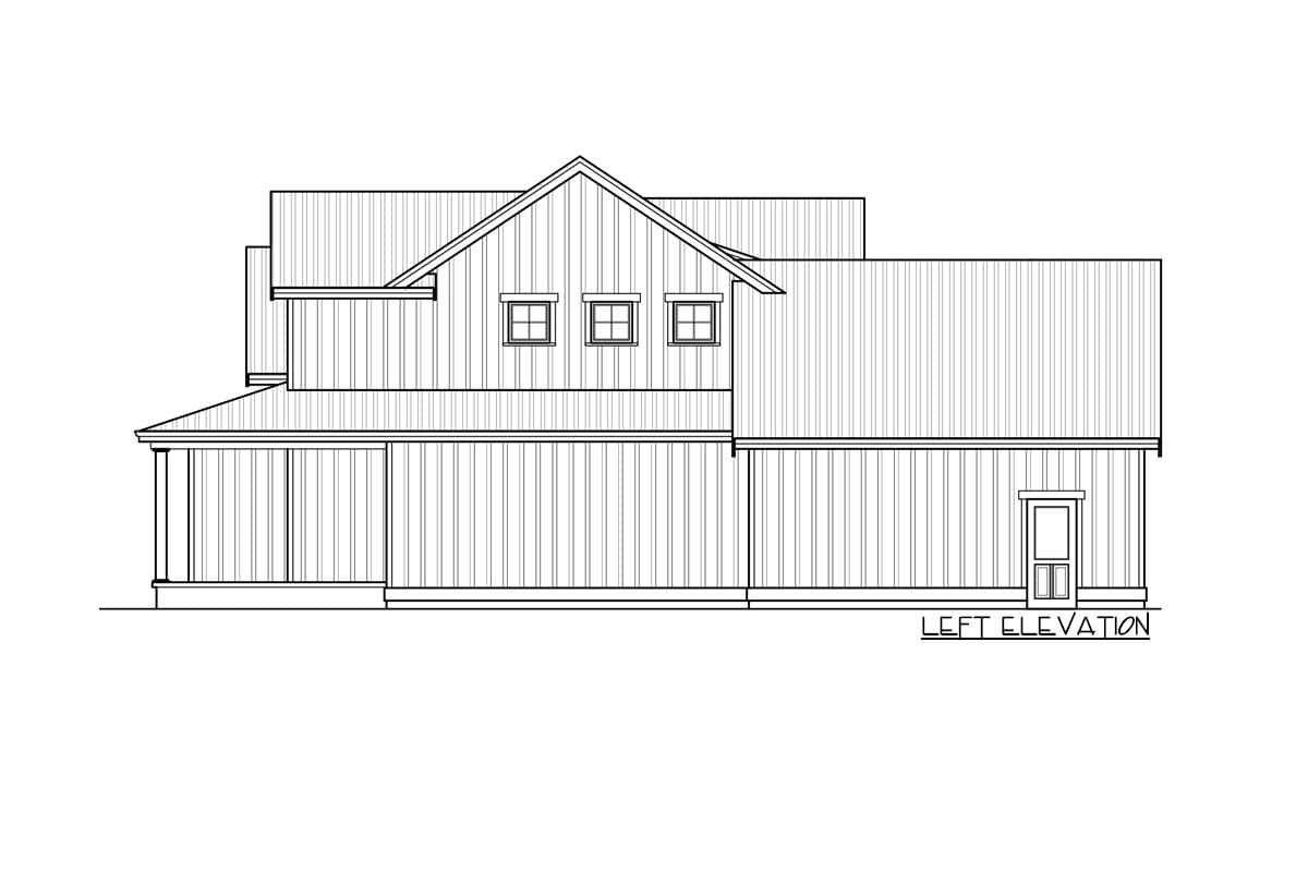 Left elevation house plan showing a gabled roof, covered porch with columns, and three dormer windows.