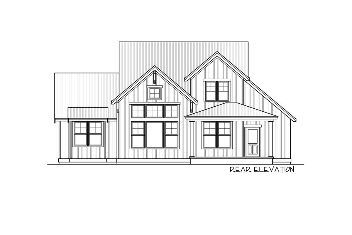 Rear elevation drawing of a two-story house plan with gables, multiple windows, and a covered porch.