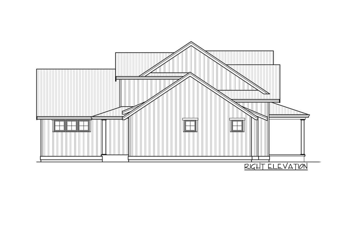 Right elevation house plan showing a multi-story structure with gabled roofs, prominent vertical siding, and a covered porch.