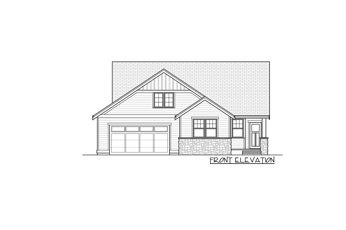 Front elevation drawing of a two-story house plan with gable roof, dormer, stone base, and attached garage.