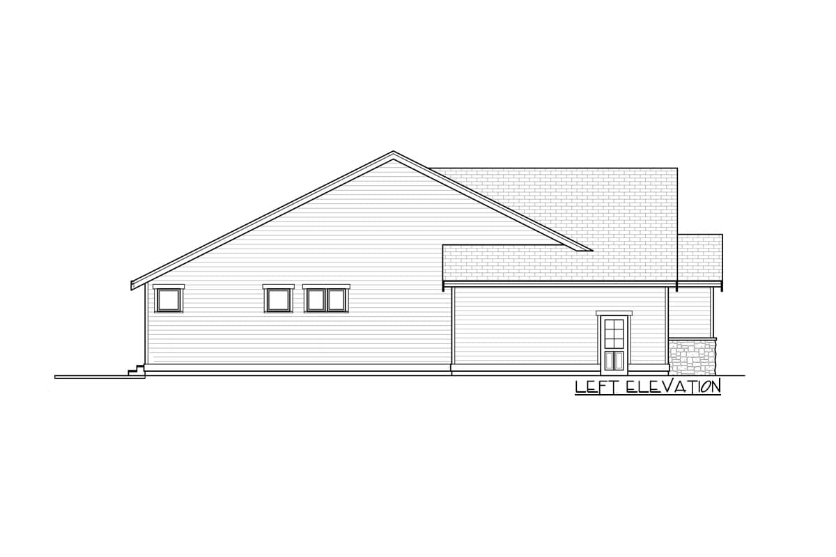 Left elevation drawing of a house with a gabled roof, horizontal siding, and stone foundation details.