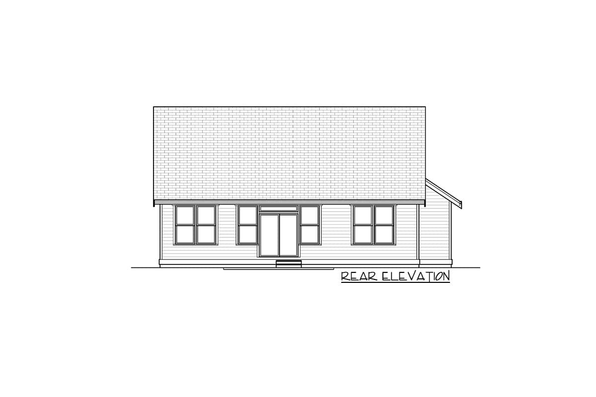 Rear elevation drawing of a one-story house plan with double doors, four windows, and a gabled roof.