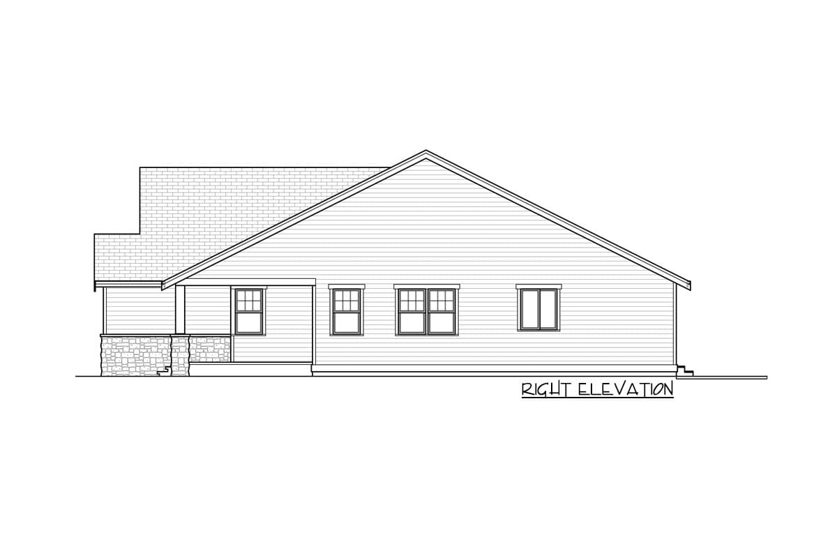 Right elevation house plan showing a single-story dwelling with a gable roof, pitched roof dormer, and stone foundation.