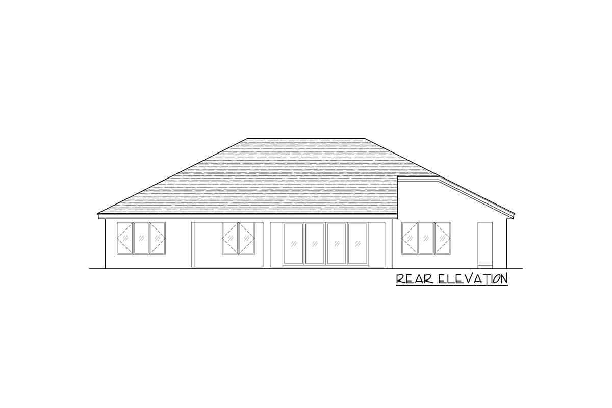 Rear elevation drawing of a house plan, featuring a hip roof, multiple windows, and a set of sliding glass doors.