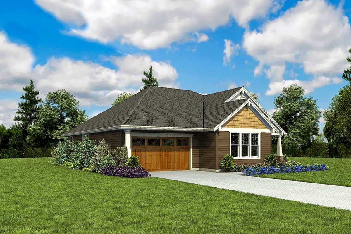 House plan exterior of a single-story home with a prominent gable, wood garage door, and multi-pane windows.