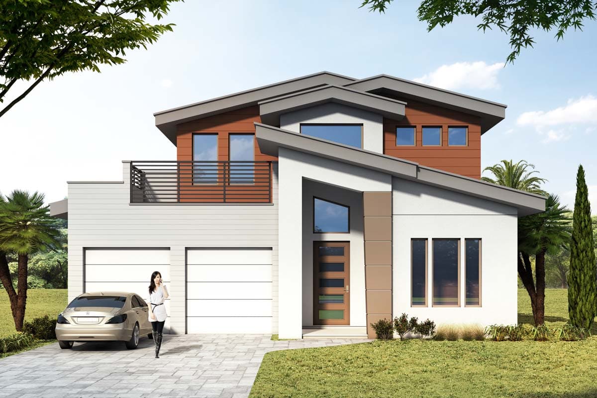 House plan exterior. Two-story modern style home with flat roof, horizontal siding, and a two-car garage. Features include a second-story balcony.