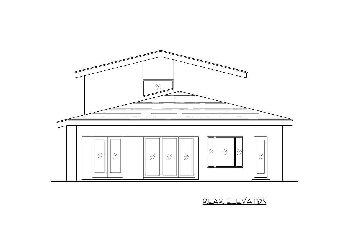 Rear elevation drawing of a two-story house plan with a prominent gable roof, multiple sliding glass doors, and a distinct upper-level window.