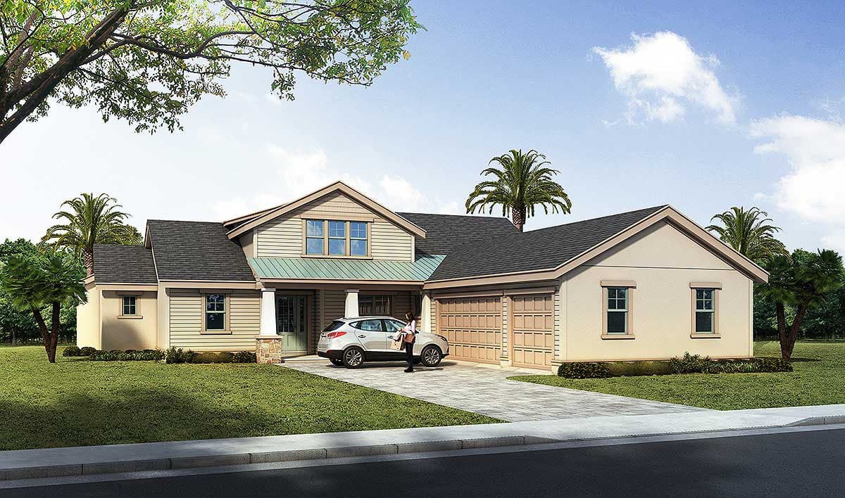 House plan exterior. Two-story with Craftsman style elements. Features include a front porch, multiple gables, and an attached garage with two bays.