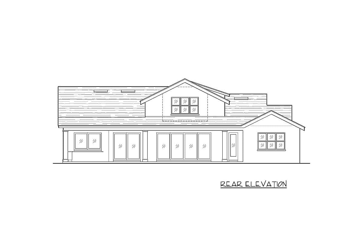 Rear elevation drawing of a house plan featuring a dormer, multiple large windows, and a gable roofline.
