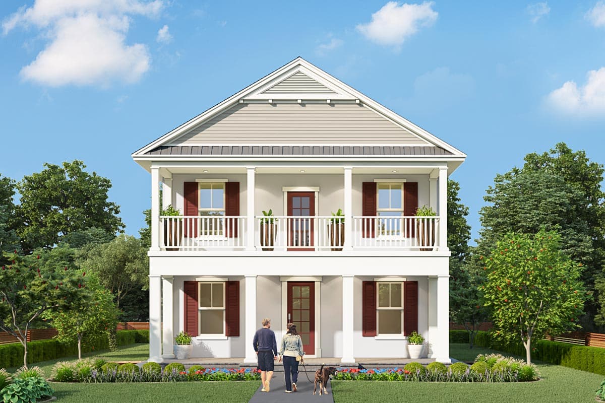 House plan exterior. Two-story Colonial with columned porch, gable roof, and shuttered windows. Features include a centered front door and balcony.