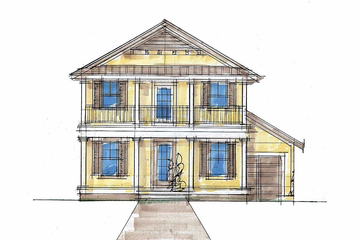House plan exterior: two-story home with a central front door, upper balcony, two front windows per story, and an attached garage.