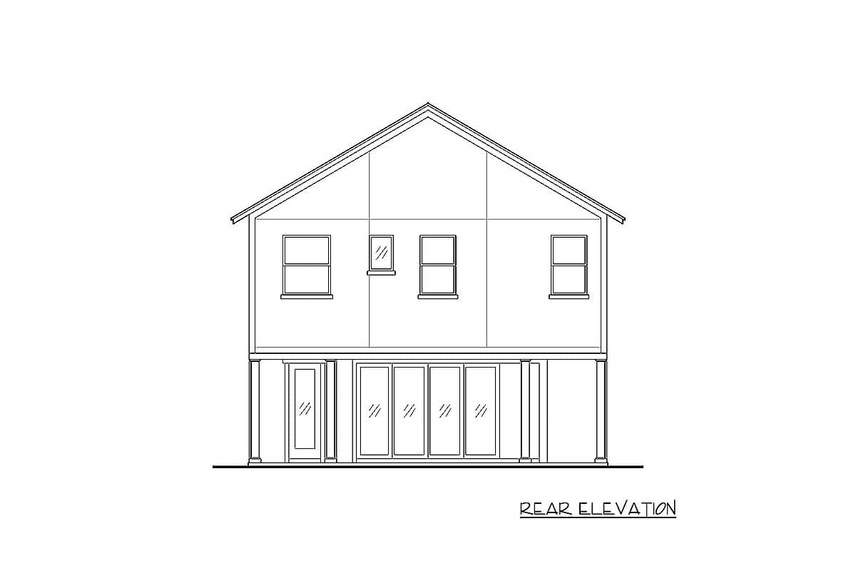 Rear elevation drawing of a two-story house with a gable roof, multiple windows, and a glass door system on the lower level.