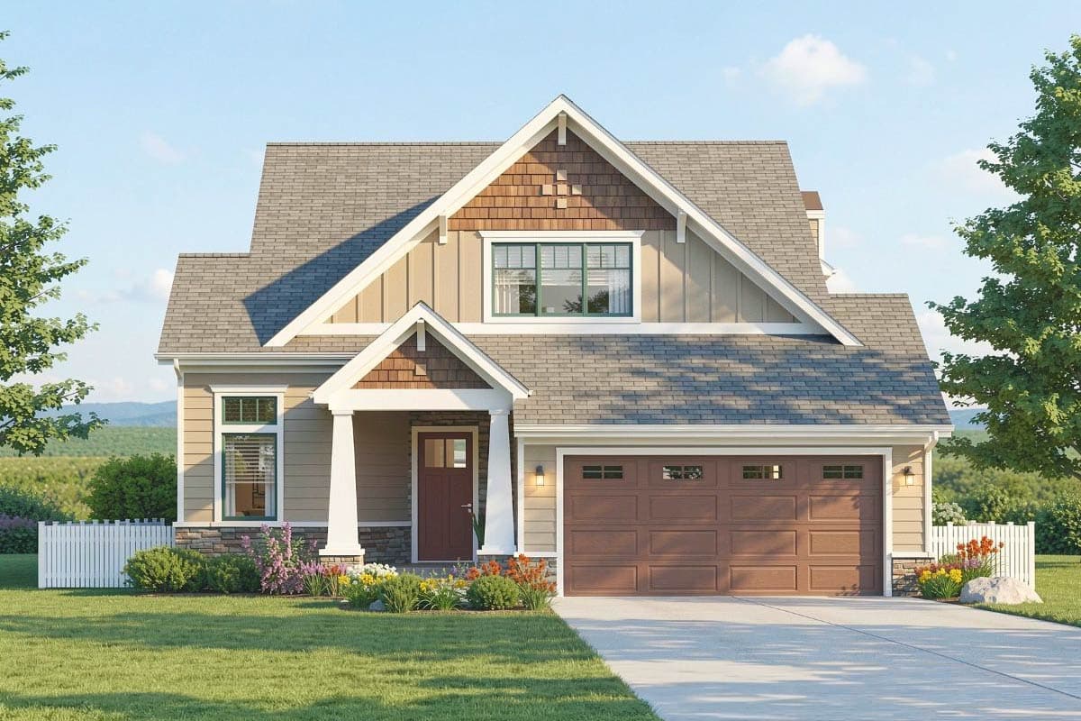 A two-story house with a grey roof, white trim, and a garage door. The house has a lush green lawn and a white picket fence, with a bright blue sky.
