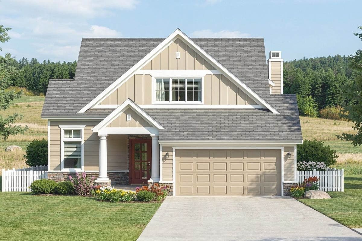 Modern Farmhouse exterior with a covered porch, stone chimney, and white picket fence.