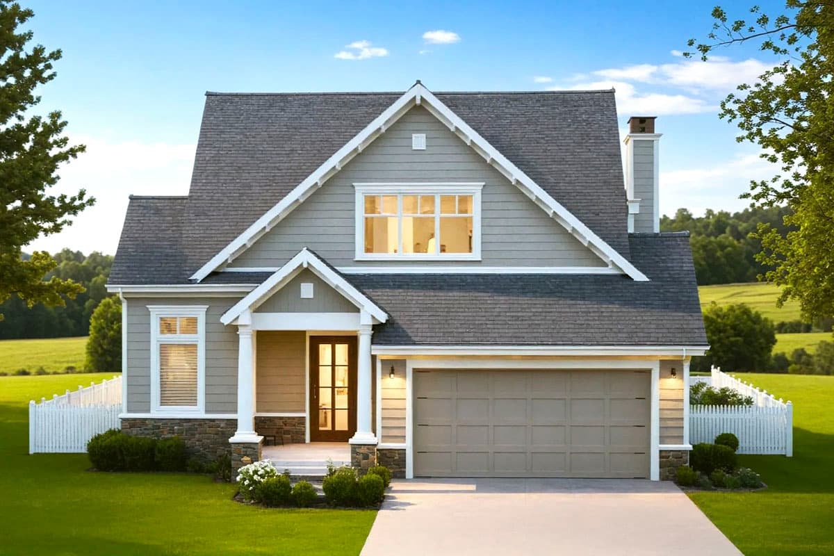 A two-story house with a grey roof, white trim, and a garage door. The house has a lush green lawn and a white picket fence, with a bright blue sky.