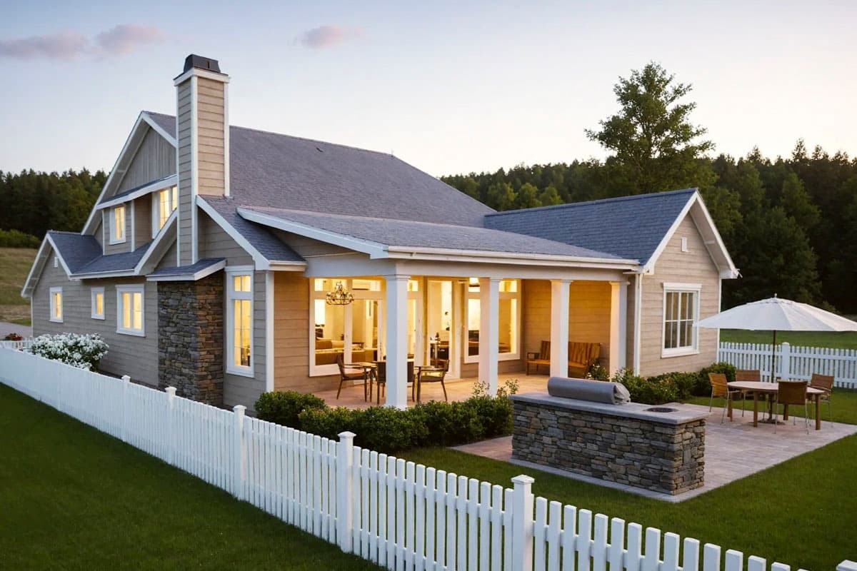 Modern Farmhouse exterior with a covered porch, stone chimney, and white picket fence.