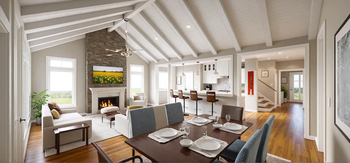 Open concept living area with vaulted beamed ceiling, stone fireplace, dining area, and kitchen with island and bar stools.