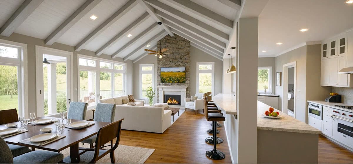 Open-concept living, dining, and kitchen area with vaulted ceilings, exposed beams, stone fireplace, and kitchen island.