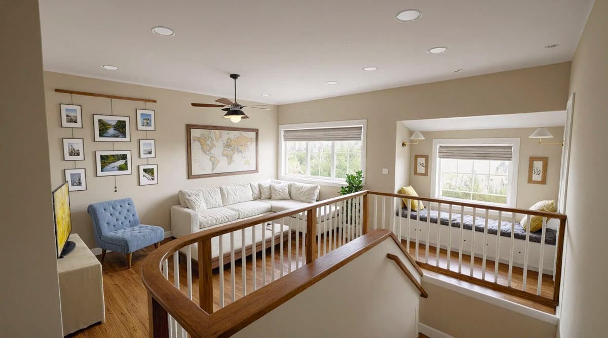 Interior view of a living space with a sectional sofa, built-in window seat, gallery wall, and map art.