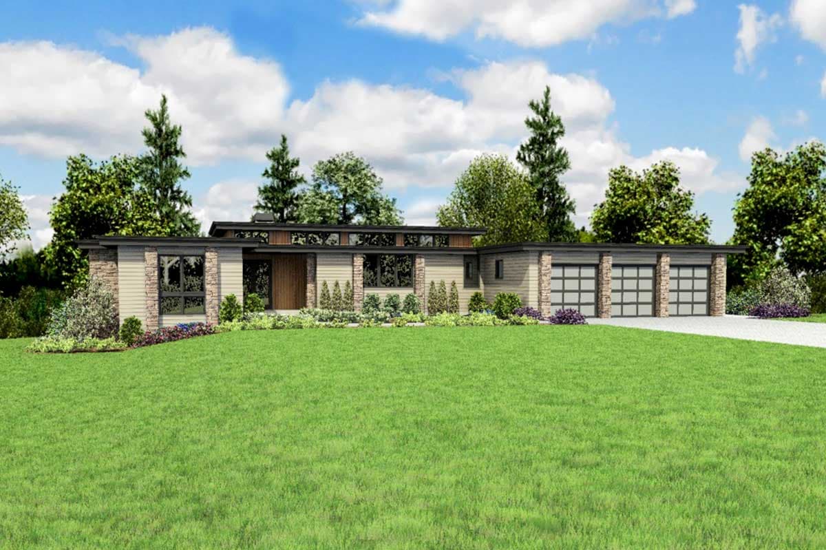 Modern ranch house plan exterior with stone accents, flat roofline, large windows, and a three-car garage.